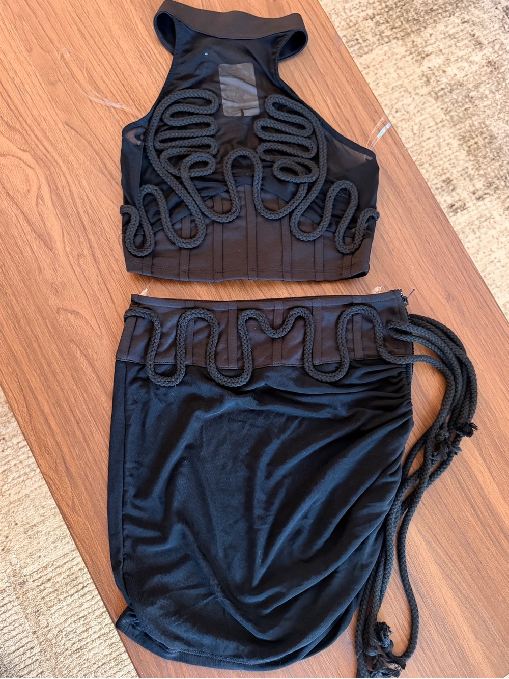 NWT Queen Mania Size Small Black Meshed Ruched Skirt Size Two-Piece Set RAVE!